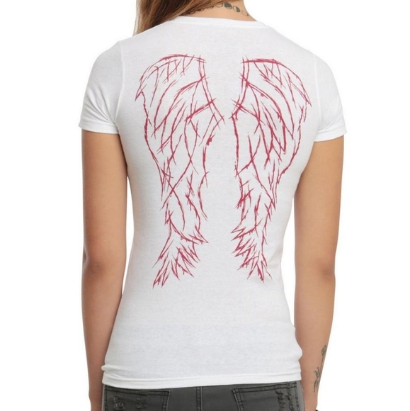 Hot Topic Ophan Black Women's White Sestra Red Winged Back Shirt Size Large - Picture 4 of 9